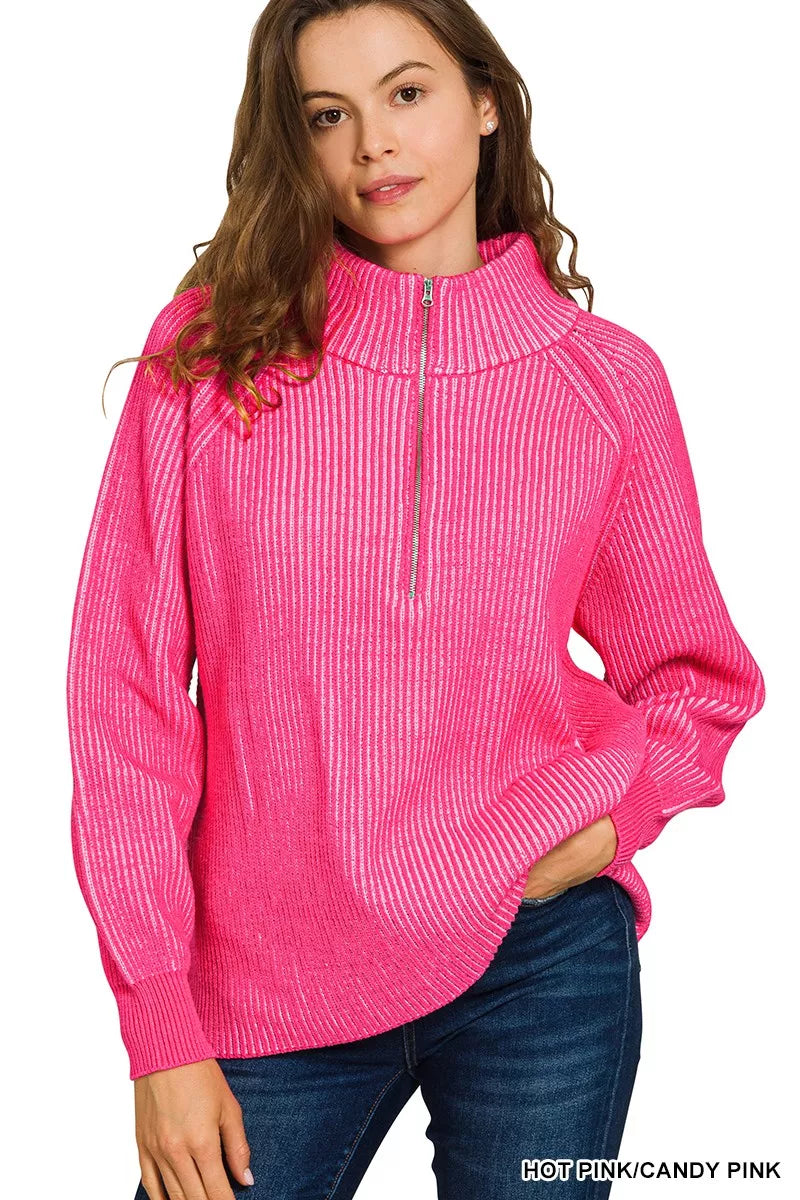 Zenana Ribbed Two-Tone Half Zip Sweater in Hot Pink/Candy Pink