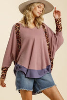 Umgee Dusty Pink Leopard High-Low Dolman Sleeve Waffle Knit Top Dusty Pink