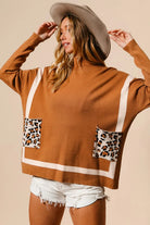 BiBi Camel Mock Neck Sweater with Leopard Pocket