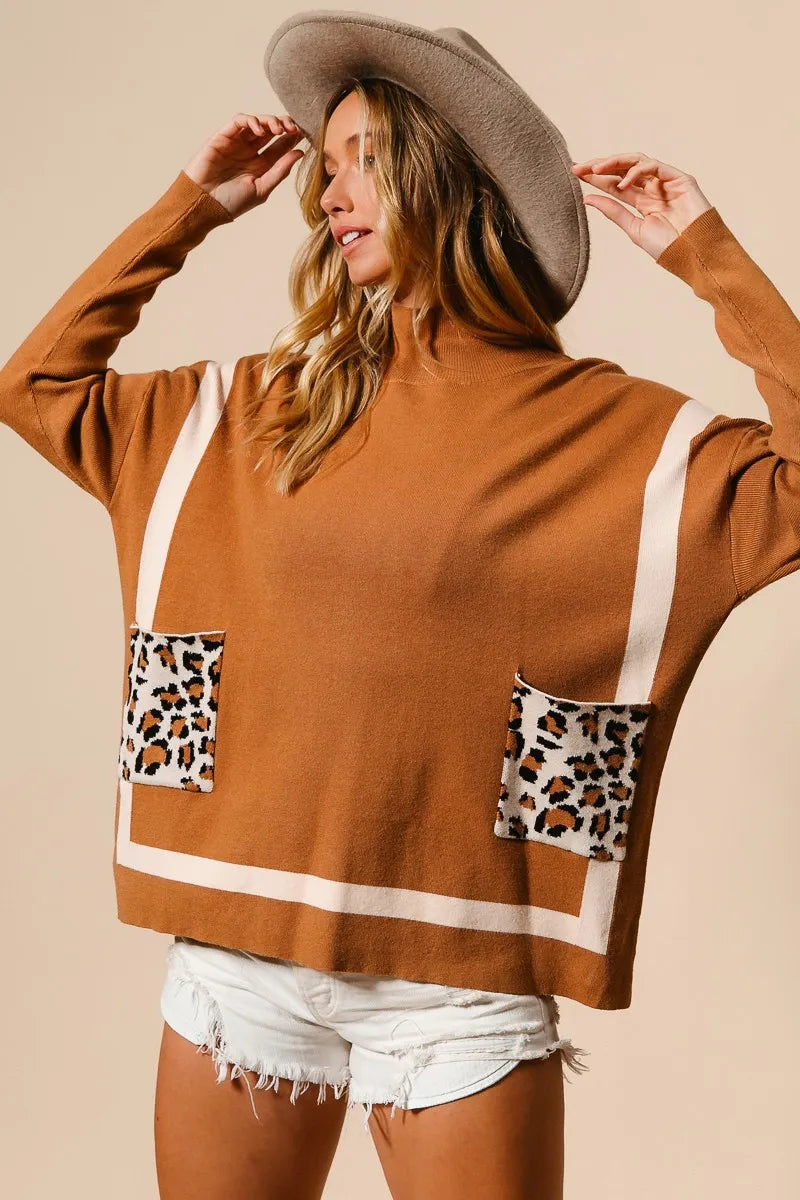 BiBi Camel Mock Neck Sweater with Leopard Pocket