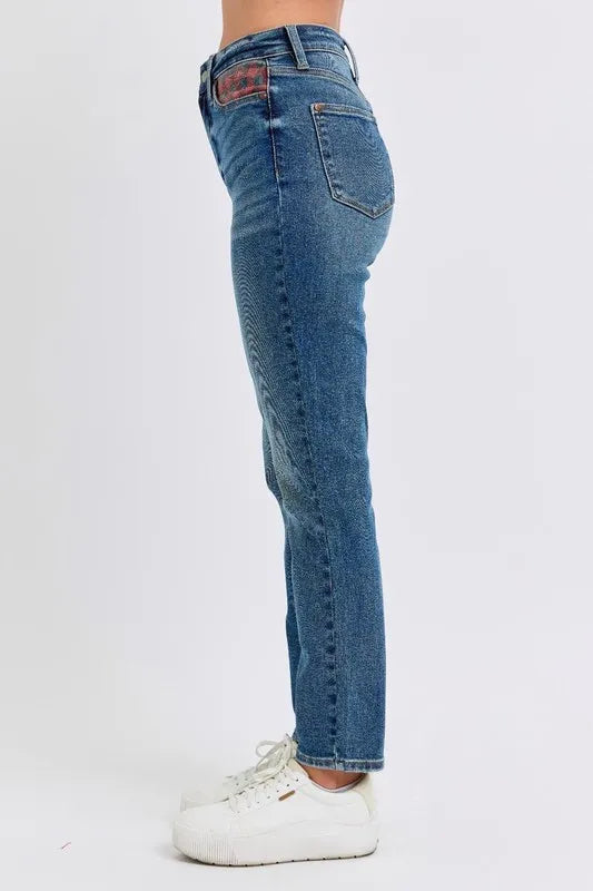 Judy Blue High Waisted Plaid Patch Slim Fit Jeans