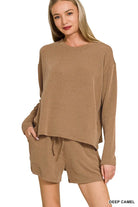 Zenana Deep Camel Raised Corded Rib Long Sleeve Tee and Shorts Set DEEP CAMEL