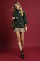Umgee Hunter Green Floral Mock Neck Knit Top with Wide Sleeves
