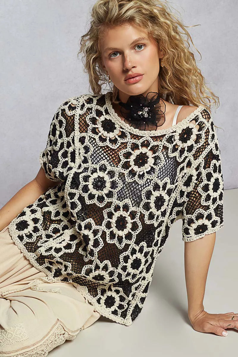 POL Black & Beige Openwork Short Sleeve Crochet Knit Top with Weave Knit Patterns
