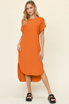 Double Take Ribbed Textured Round Neck Short Sleeve Slit Dress Tangerine Trendsi