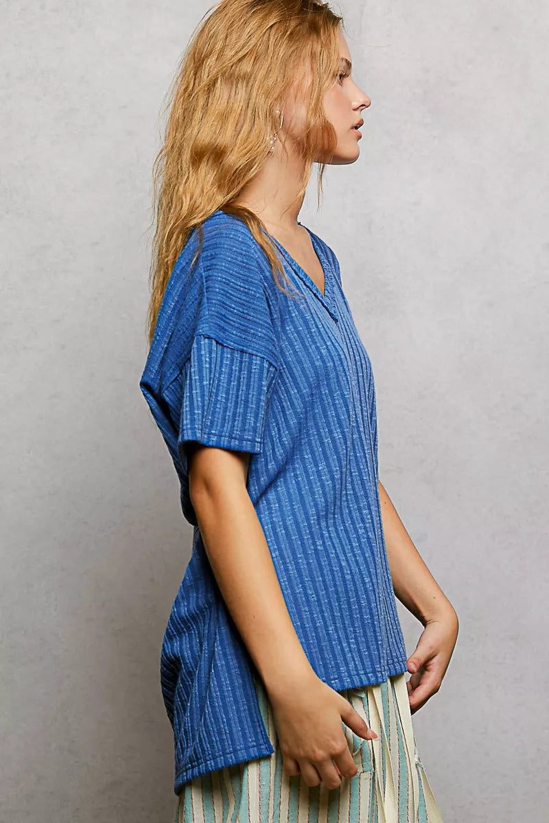 POL Cobalt Blue Ribbed Knit V-Neck Short Sleeve T-Shirt with Side Slit