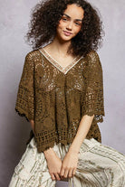 POL Olive V-Neck Crochet Top with Scalloped Hem
