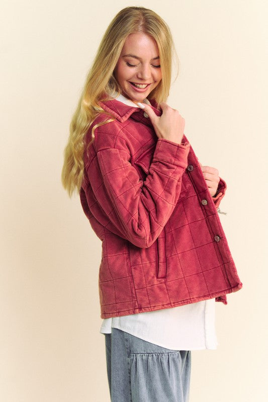 Davi & Dani Brick Mineral Washed Quilted Button Down Shacket with Chest Pockets Coats & Jackets