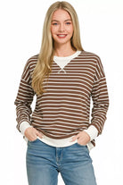 Zenana Brown Contrast Striped Round Neck Sweatshirt