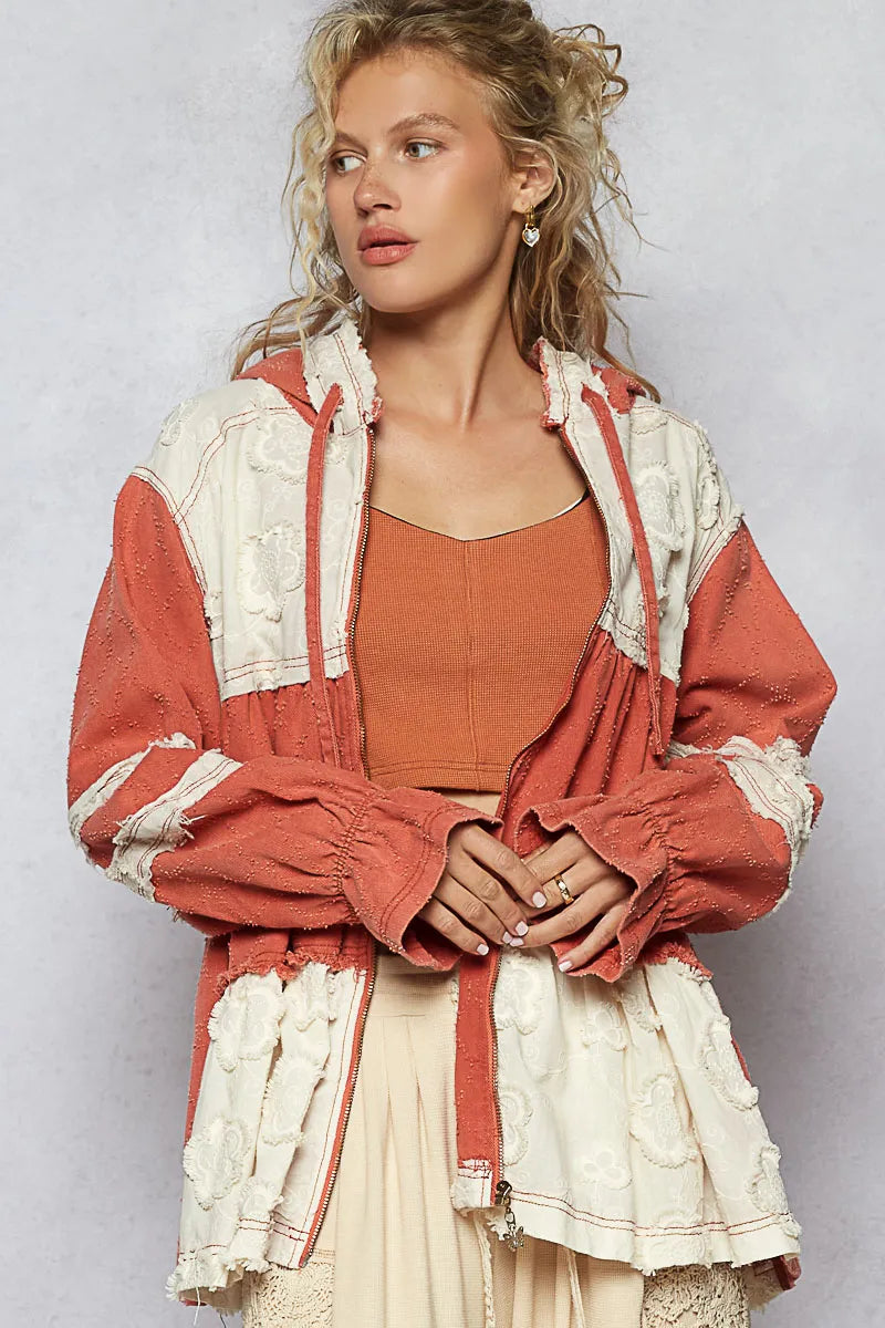 POL Orange Red Raw Hem Color Block Hooded Jacket