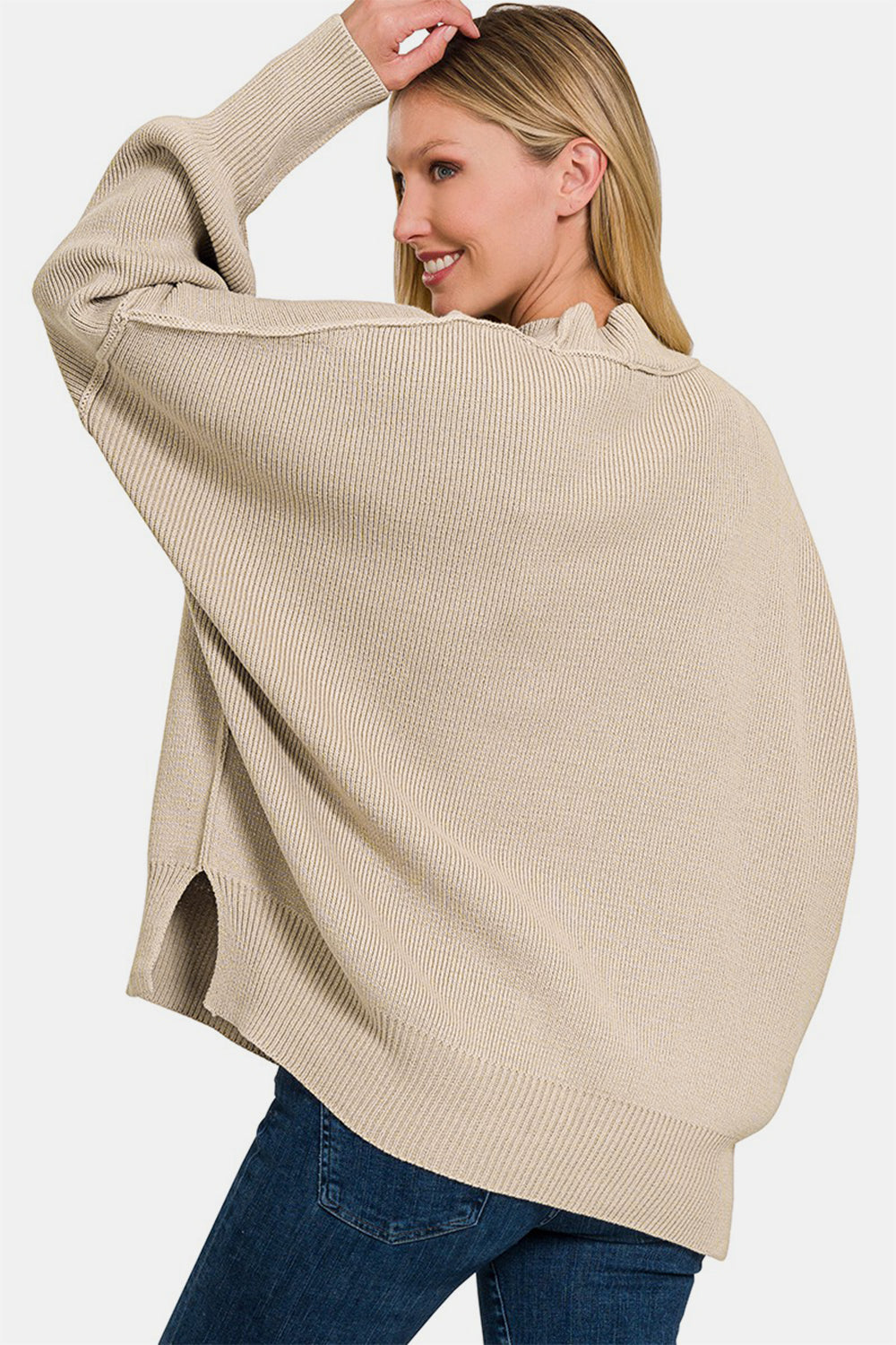 Zenana Heather Beige Side Sit Oversized Sweater Trendsi