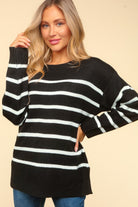 Haptics Black Striped Contrast Side Slit Sweater Black Trendsi