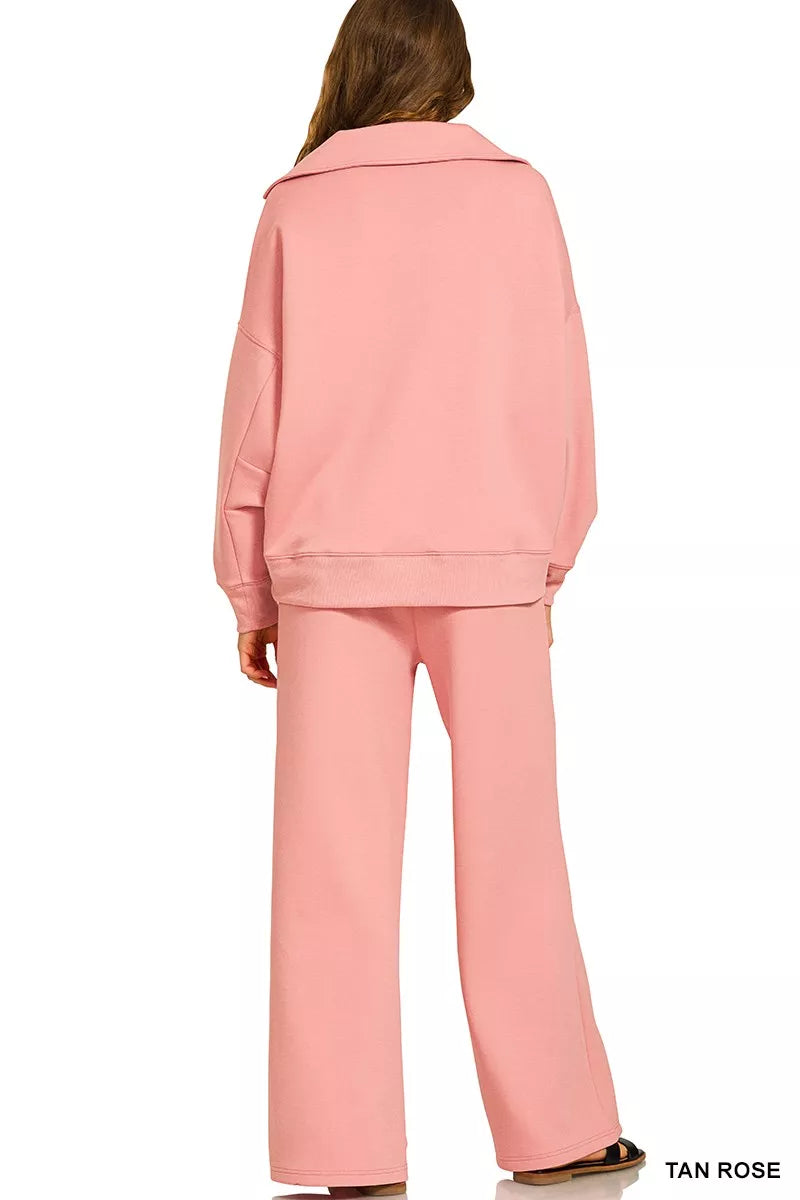 Zenana Tan Rose Scuba Collared Pullover and Pants Set