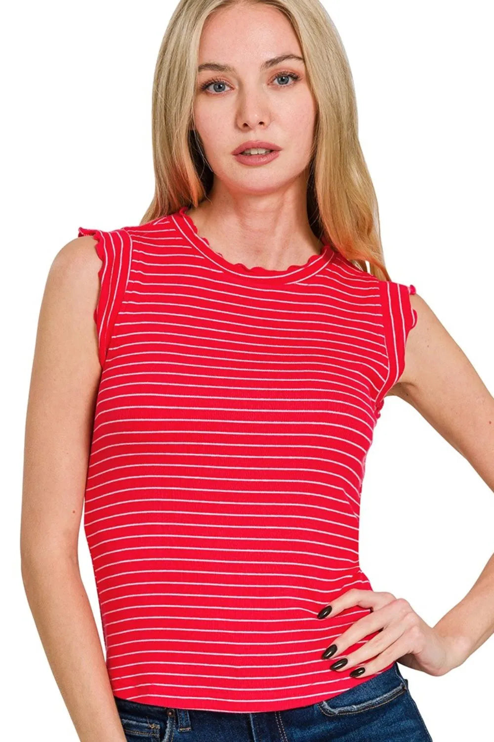 Zenana Red & White Ribbed Ruffle Trim Sleeveless Stripe Top RUBY WHITE
