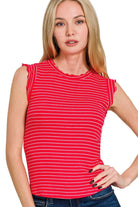 Zenana Red & White Ribbed Ruffle Trim Sleeveless Stripe Top RUBY WHITE