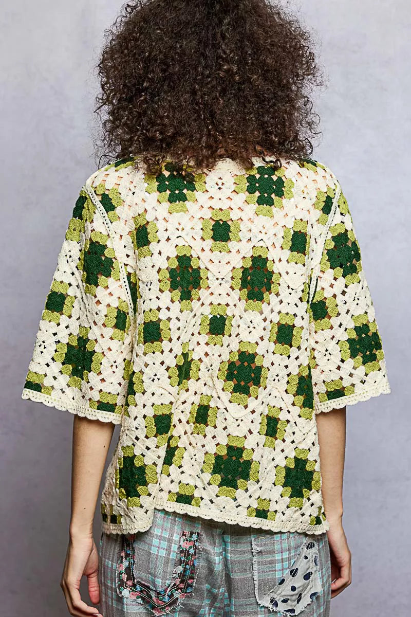 POL Olive Multi Round Neck Short Sleeve Color Pattern Crochet Top with Border Accents