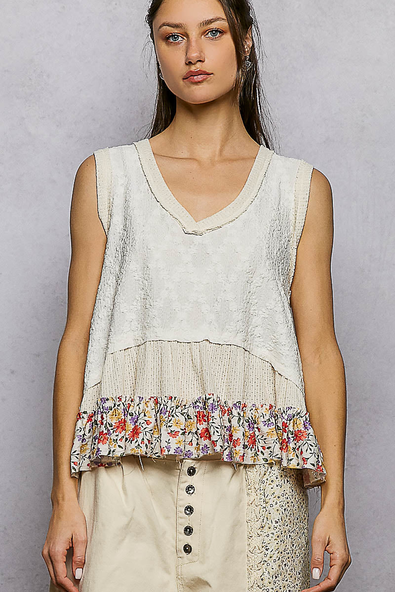 POLCream Floral Print V-Neck Textured Tank CREAM