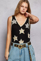 POL Black Washed Ribbed V-Neck Tank with Floral Print Star Patch