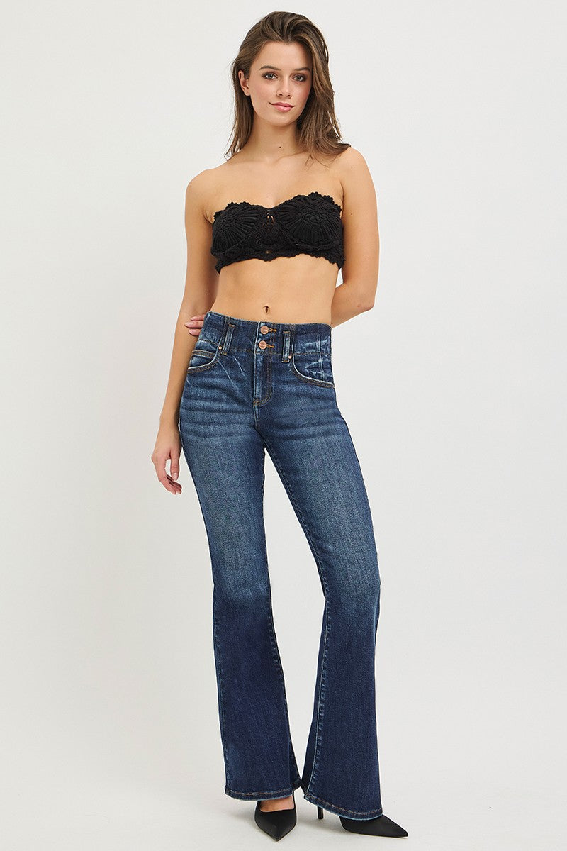 RISEN Dark Washed High Rise Flare Jeans With Seam Detail Waistband