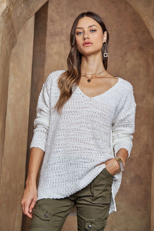 ADORA White High-Low Side Slit V-Neck Sweater White