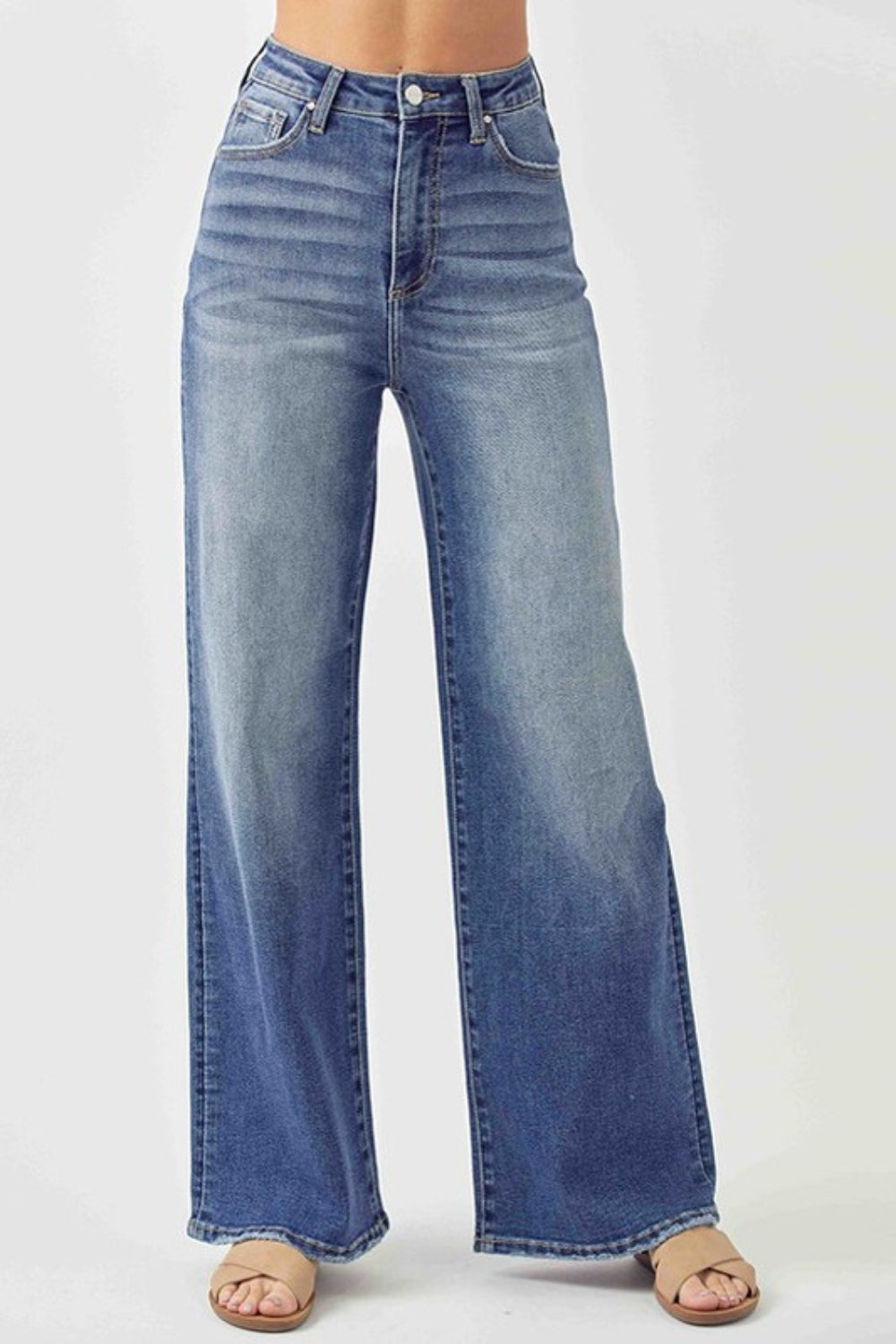 Risen Dark Washed High Rise Wide Leg Jeans Trendsi