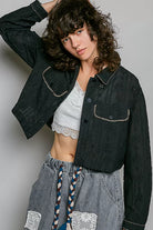 POL Cropped Button-Front Eyelet Cotton Jacket