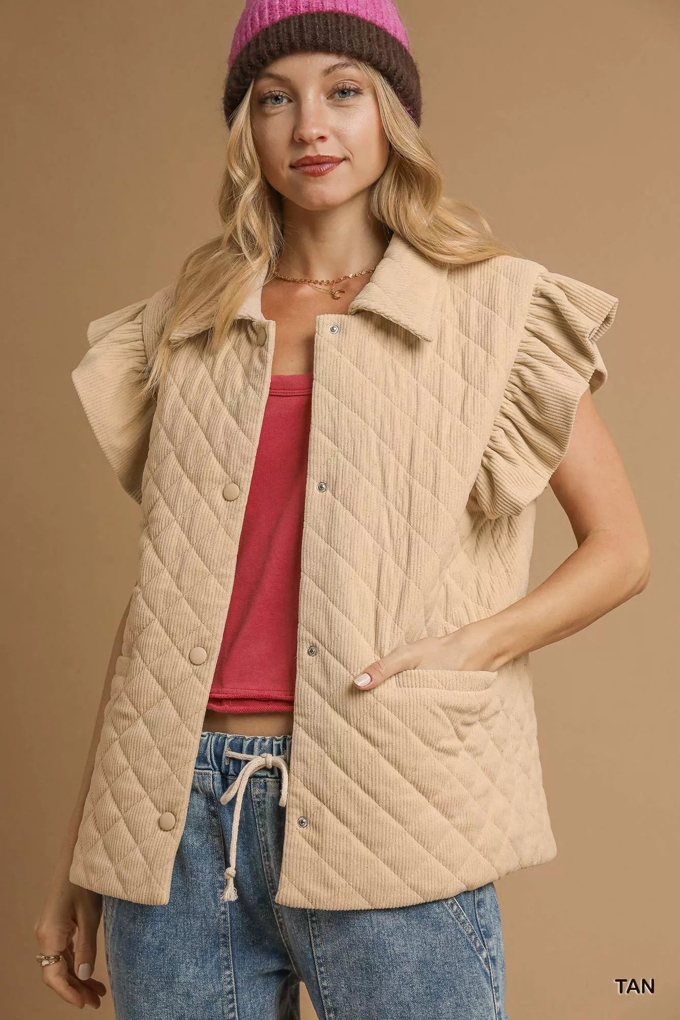 Umgee Tan Corduroy Quilted Ruffle Sleeve Vest TAN
