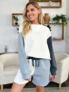 Double Take: 6 Colors: Quilted Textured Color Block Contrast Long Sleeve Drop Shoulder Top and Shorts Set Cloudy Blue Loungewear