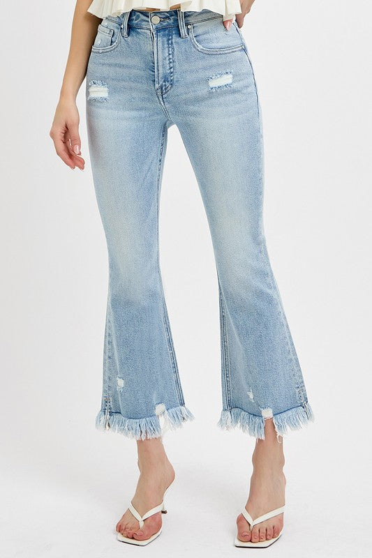 RISEN Raw Hem Distressed Cropped Flare Jeans Plus Size Light