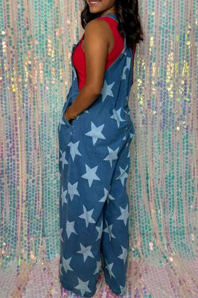 Preorder Star Print Buttoned Strap Wide Leg Denim Overalls