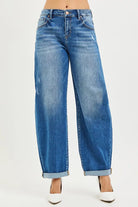 RISEN Full Size Mid Rise Barrel Double Roll Up Jeans Plus Size