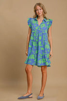 Umgee Floral Print Ruffle Cap Sleeve Tiered Dress e Cerulean