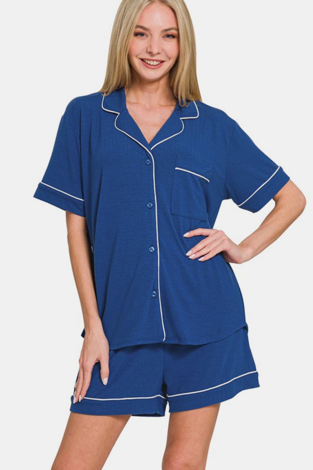 Zenana Navy Button Down Short Sleeve Top and Shorts Lounge Set Loungewear Set