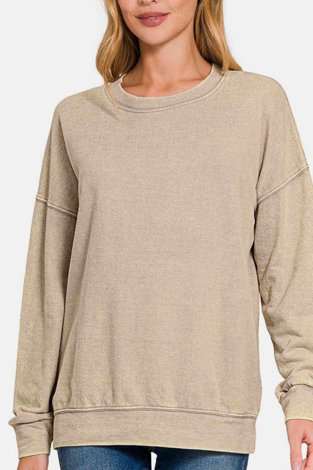 Zenana Khaki Washed Round Neck Drop Shoulder French Terry Sweatshirt Shirts & Tops