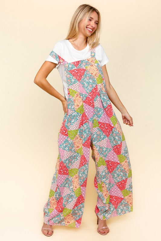 Haptics Coral Multi Printed Patchwork Wide Leg Overalls with Side Pockets