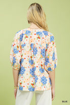 Umgee Blue Mixed Floral Print Buttoned Blouse