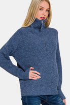 Zenana Navy Collared Half Zip Textured Long Sleeve Sweater Shirts & Tops