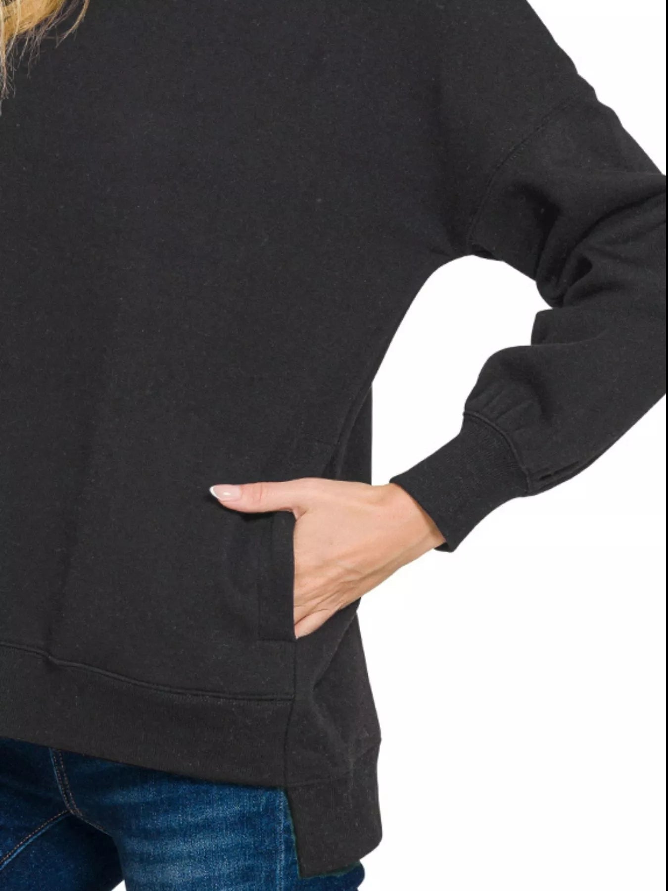 Zenana Black Fleece Hi-low Boyfriend Sweatshirts with Pockets