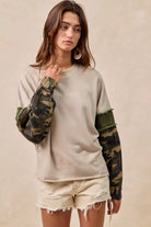 BiBi Camo Sleeve French Terry Top with Frayed Edge
