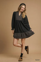 Umgee Black Polka Dot Plaid Trim Babydoll Dress