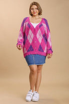 Umgee Hot Pink Argyle Pattern V-Neck Button Front Cardigan