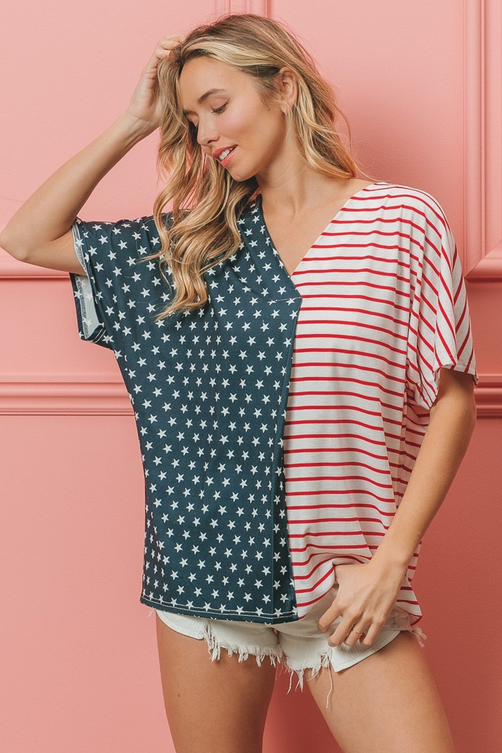 BiBi US Flag Themed Color Block Short Sleeve T-Shirt Trendsi