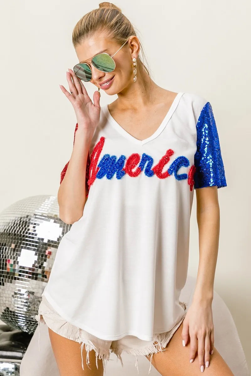 BiBi Metallic Letter America V-neck Sequin Sleeves Top OFF WHITE