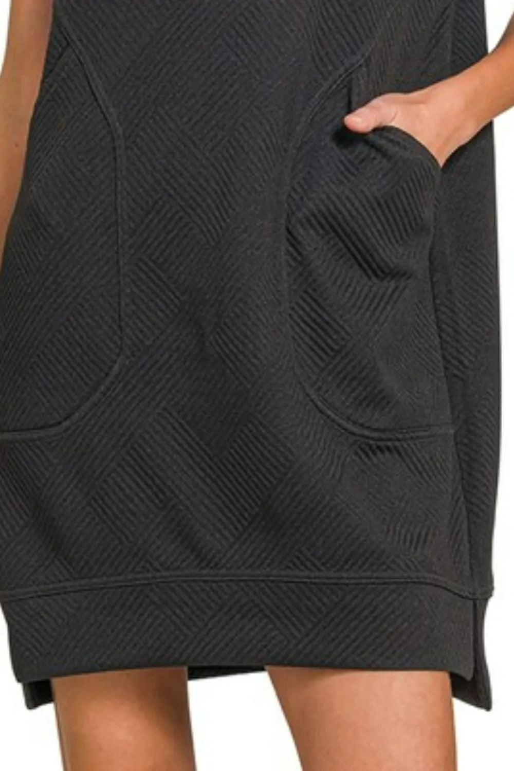 Zenana Black Textured Knit Jacquard Quarter Zipper Mini Dress