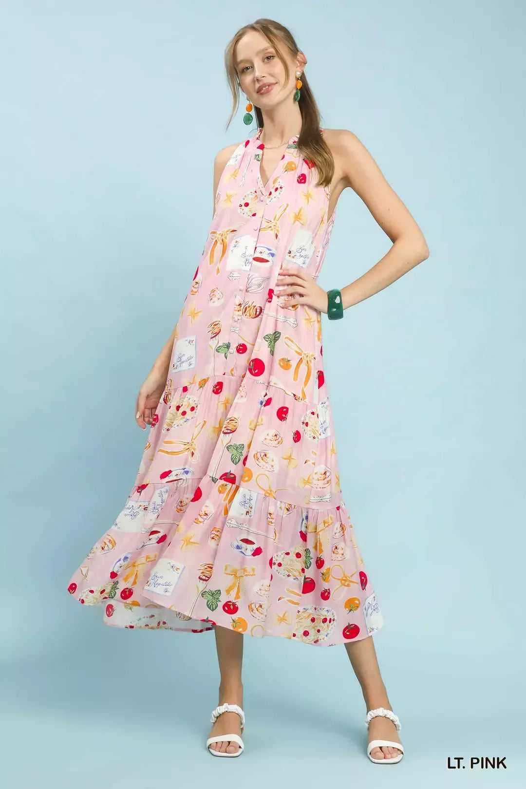 Umgee Light Pink Abstract Print Tiered Halter Midi Dress