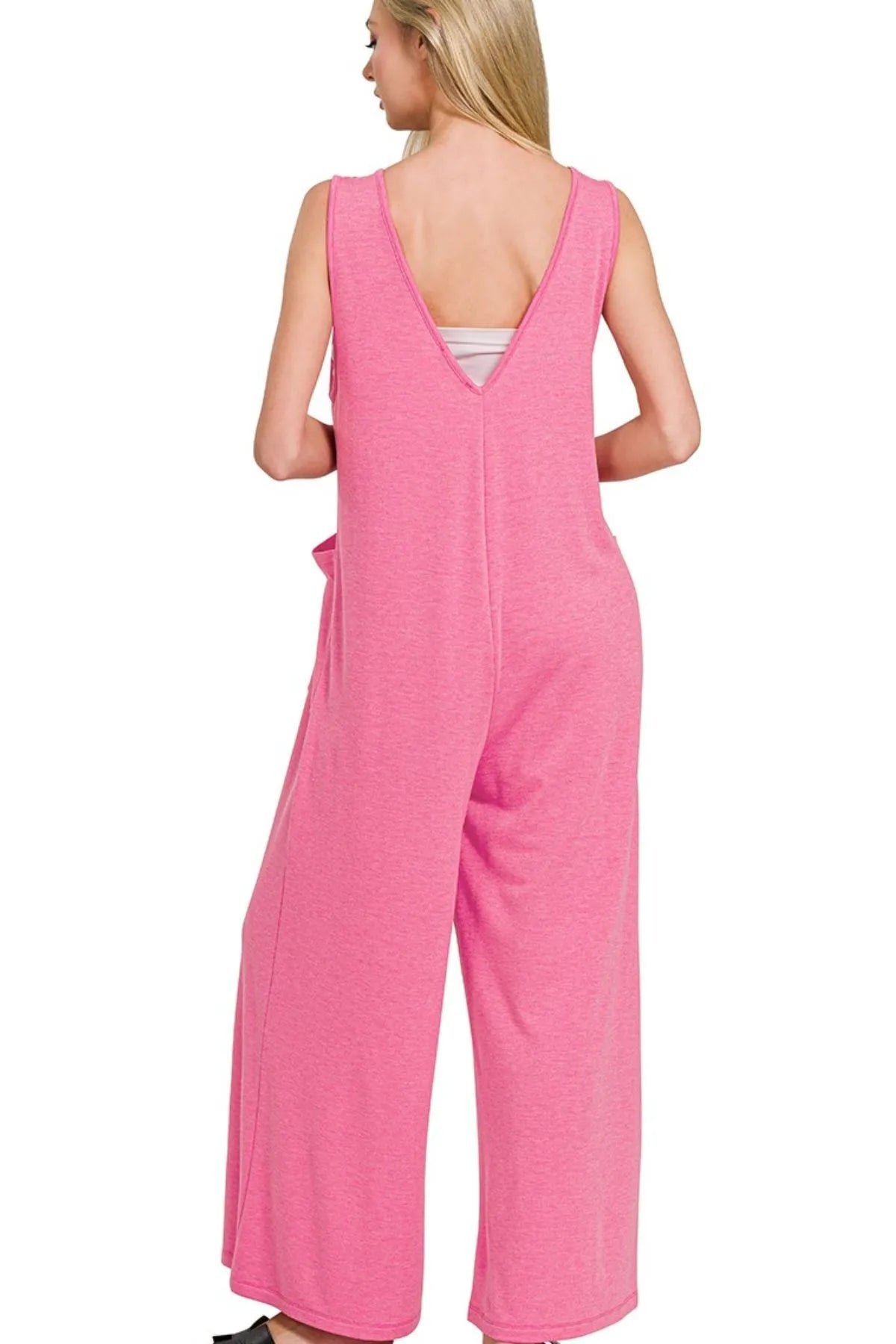 Zenana Fuchsia French Terry Deep V Neck Jumpsuits