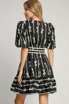 Umgee Ribbon Print Frill Contrast Velvet Trim Half Sleeve Dress in Black Dresses