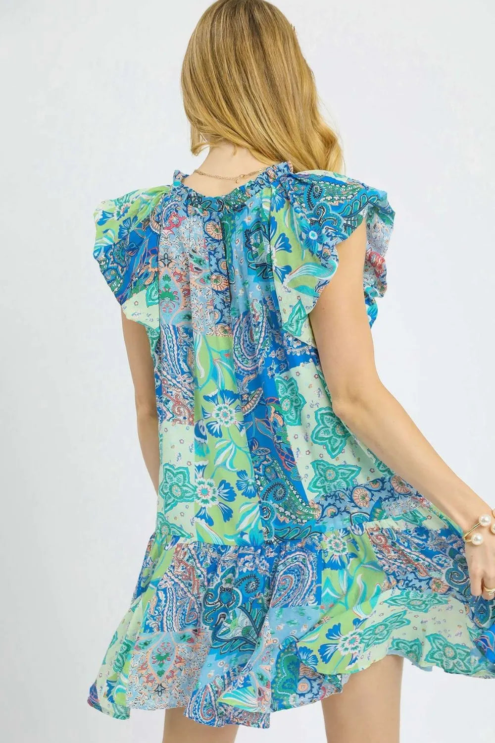 Umgee Blue Mix Patchwork Paisley Printed Ruffle Sleeve Mini Dress