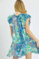 Umgee Blue Mix Patchwork Paisley Printed Ruffle Sleeve Mini Dress