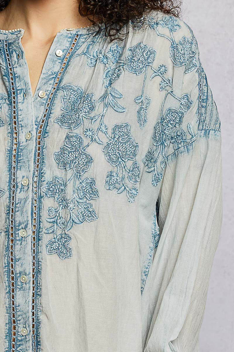 POL Denim Blue Floral Embroidered Button Down Long Sleeve Shirt
